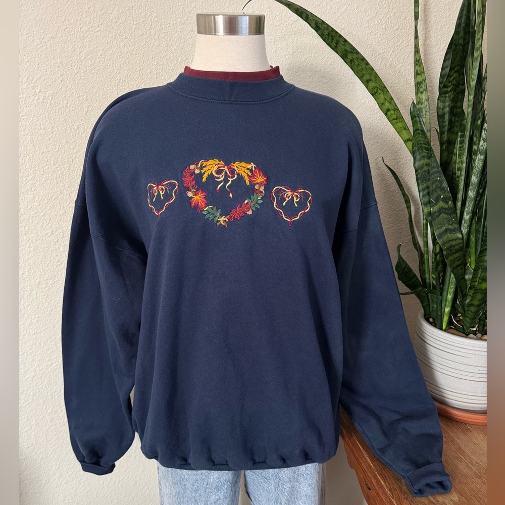 Vintage fall Navy Embroidered Heart Wreath Sweatshirt Fall Leaf Grandma‎ Core XL